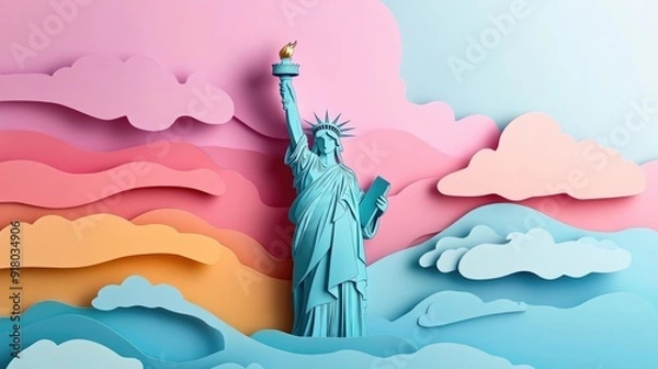 Fototapeta paper cut style illustration Statue of Liberty colorful 3d whimsical clouds