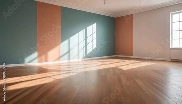 Fototapeta Empty room with large windows, hardwood floors, and white walls