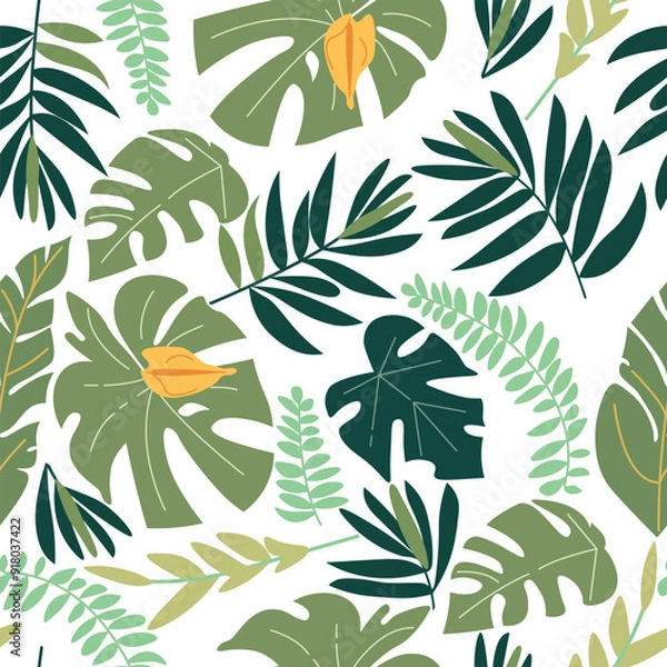 Fototapeta Tropical leaf pattern. Seamless vector pattern featuring lush tropical leaves and flowers in green and yellow tones. Perfect for fabric design, wallpapers, and digital backgrounds.