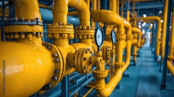 Fototapeta A network of yellow pipes and control valves in a gas plant, illustrating the critical infrastructure of the energy sector.