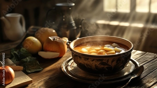 Fototapeta Warm Apple Soup on Rustic Table
