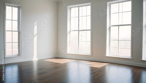 Fototapeta Empty room with large windows, hardwood floors, and teal curtains