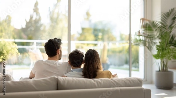 Fototapeta Cheerful Family Enjoying Quality Time in Modern Living Room with Spacious Windows and Stylish Decor