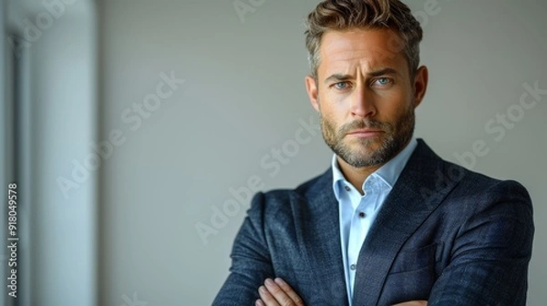 Obraz Confident man in a tailored suit posing indoors during daylight hours