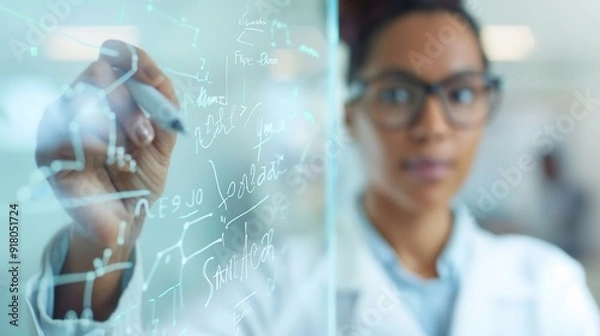 Fototapeta Brilliant Female Scientist Writing Complex Equations on Transparent Board for Mathematical Modeling and Theories