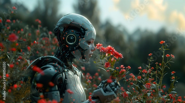 Fototapeta Futuristic Robot in a Blooming Field of Flowers Capturing Modern Technology