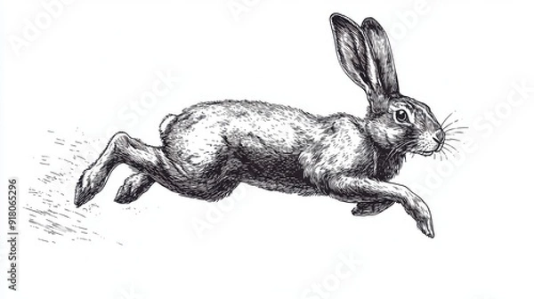Obraz Black and white Vintage engraved art of a jackrabbit leaping sideways, isolated on white background, ink sketch illustration, simple vector art design, highly detailed line art, high contrasty 