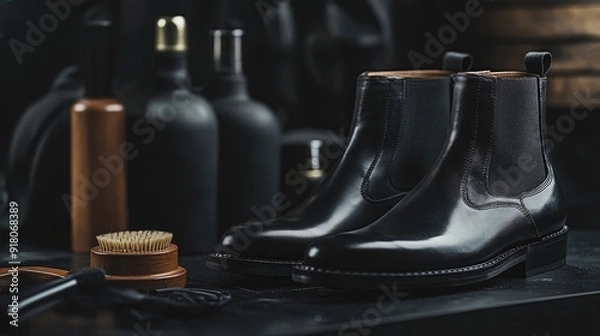 Fototapeta Close-up of black leather boots alongside shoe care equipment, displayed on a black background, emphasizing quality and maintenance.