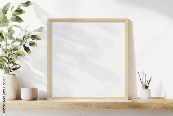 Fototapeta Horizontal Frame on a Wooden Shelf Mockup for Picture and Artwork Presentation