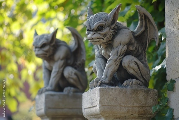 Fototapeta Two stone gargoyles with wings, perched on pillars.