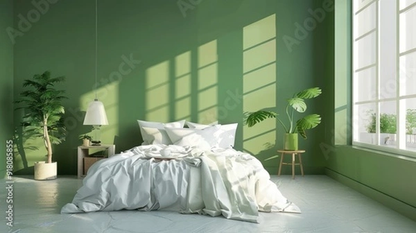 Fototapeta Blank green wall in stylish bedroom