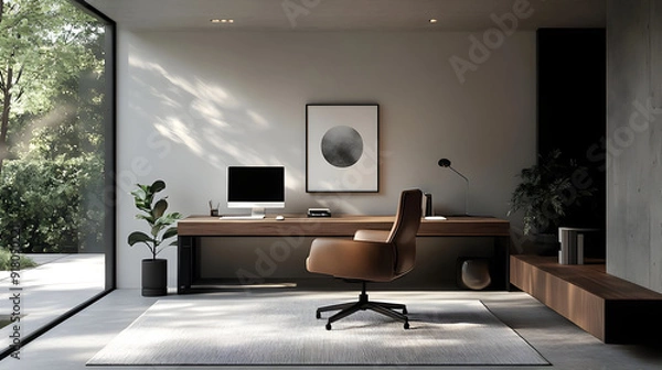 Fototapeta Minimalist home office with a desk, chair, and a view of nature.