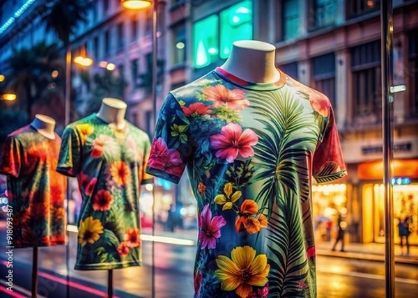 Obraz Vibrant casual t-shirts with tropical floral prints hang from a shop window, reflected in the glass surrounded by urban cityscape, neon lights, and concrete pavement.