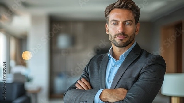 Fototapeta Confident businessman in a modern office setting during daytime