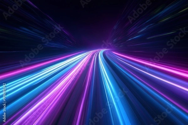 Obraz 3d Render, Blue purple speed light line through dark background, abstract fast highway patch, hyper speed warp in space with generative ai