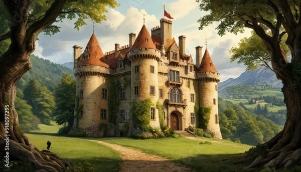 Fototapeta Majestic Castle in a Lush Forest Setting.