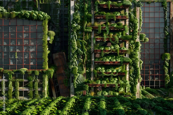 Fototapeta Lush green vertical gardens on modern buildings, showcasing thriving foliage amidst urban architecture.
