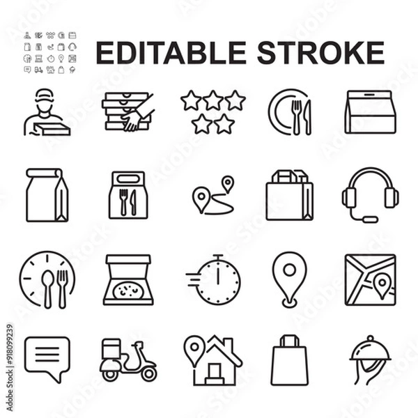 Fototapeta Collection of food delivery icons. Thin line style vector illustration. Contains icons such as pizza delivery, ratings, and more.