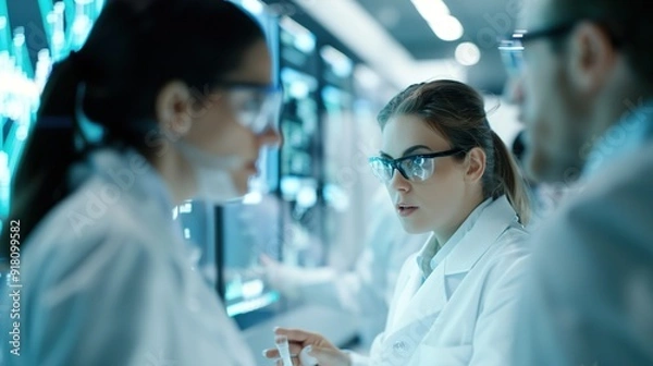 Fototapeta Futuristic Laboratory Team Analyzing Data on Holographic Screen