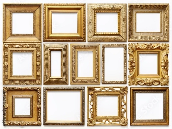 Fototapeta Collection of antique gold picture rectangular frames isolated on a transparent background, PNG