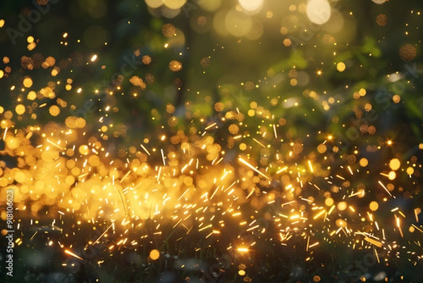 Fototapeta A mesmerizing display of golden sparks and bokeh lights, creating a warm and enchanting atmosphere in a natural setting.
