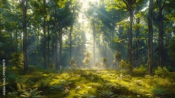 Fototapeta Sunlight filtering through trees in a lush green forest