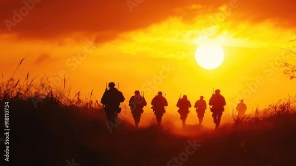 Fototapeta Silhouettes of soldiers walking towards the horizon, with the setting sun casting a golden glow over the scene