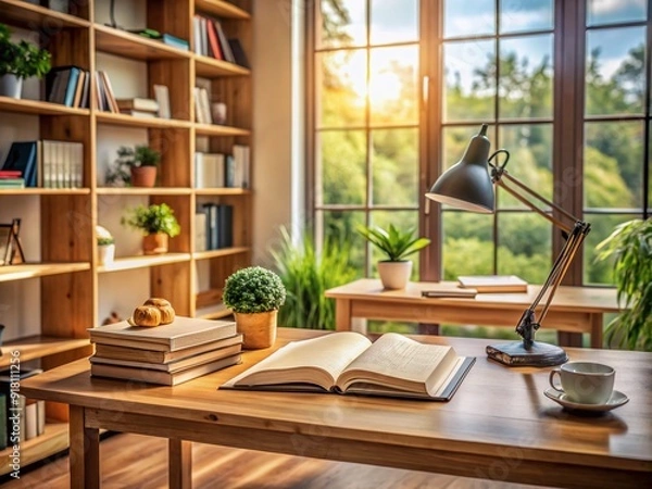 Fototapeta A serene and organized room with an open book on a wooden desk, surrounded by a few scattered papers, symbolizing knowledge and educational pursuits.