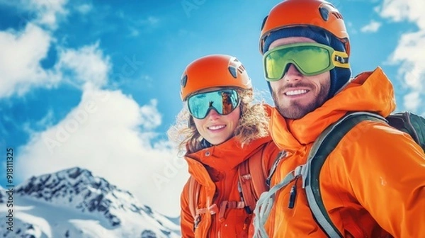 Fototapeta Portrait of a couple in orange jacket and trousers, green glasses with helmet climbing snowy mountain, blue sky with clouds background. Winter sport concept.