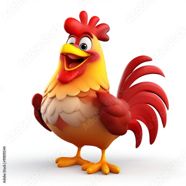 Fototapeta Colorful cartoon rooster standing cheerfully with a bright expression against a white background