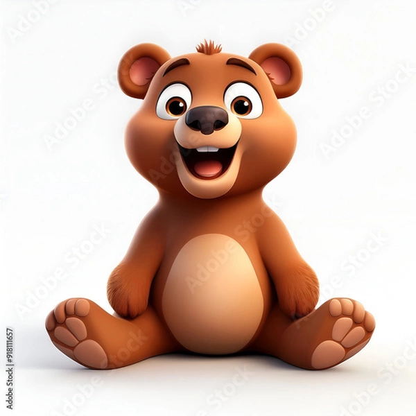 Fototapeta A cheerful cartoon bear character sitting in a playful pose on a light background