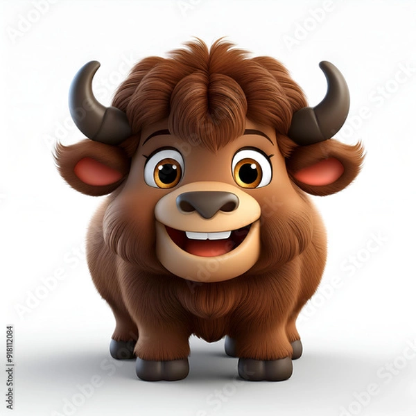 Fototapeta Cute cartoon bison character smiling cheerfully, isolated on a white background