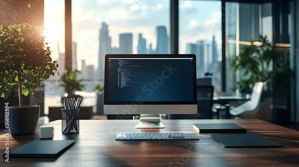 Fototapeta Modern office desk with computer, keyboard and notepad.