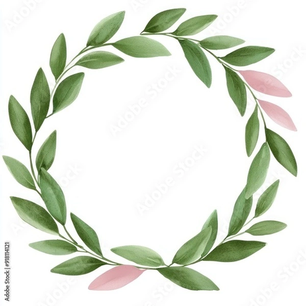Fototapeta Elegant botanical wreath featuring green and pink leaves, perfect for invitations, decor, and various design projects.