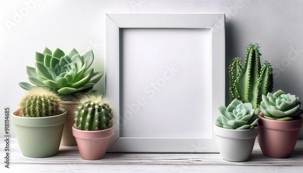 Obraz 棚の上の多肉植物とサボテンと白い額縁（Picture frame with succulents and cacti on the shelf）
