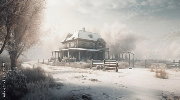 Fototapeta A small house with a porch and a fence in front of it