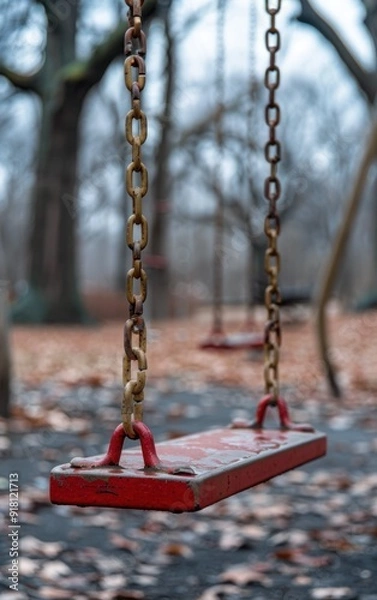 Fototapeta A red swing is hanging from a chain. The scene is quiet and peaceful, with the swing suspended in the air