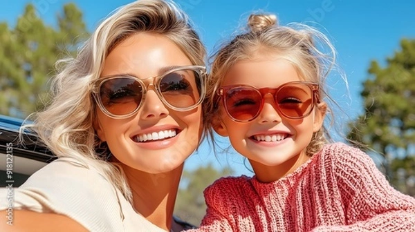 Fototapeta Mother and daughter smiling together in sunglasses on a sunny day, enjoying outdoor fun and quality family time
