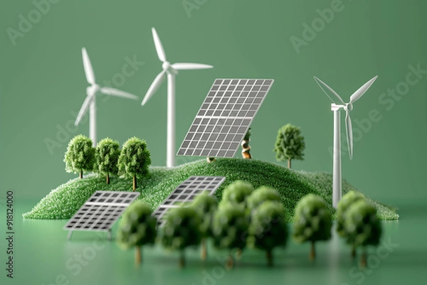 Fototapeta Miniature Green Energy Landscape with Solar Panels and Wind Turbines