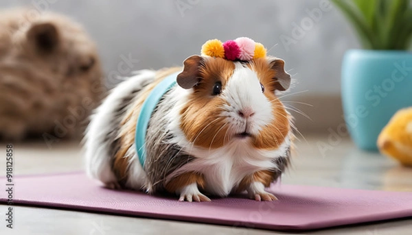 Fototapeta A cute guinea pig wearing a colorful headband and a blue band around its body, sitting on a yoga mat. The background features a soft-focus plant and a cozy setting, creating a playful atmosphere.