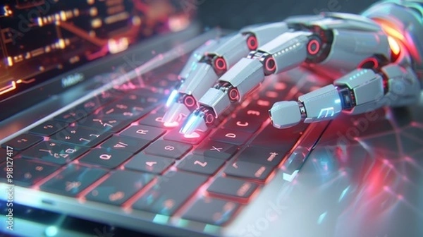 Fototapeta Futuristic Robot Hand Typing on a Laptop Keyboard