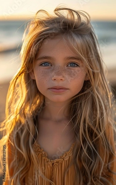 Fototapeta A young girl with blonde hair and blue eyes is standing on a beach. She has a slight scruff on her face and is wearing a yellow dress