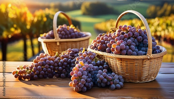 Fototapeta Close-up of a red grapes in a woven basket