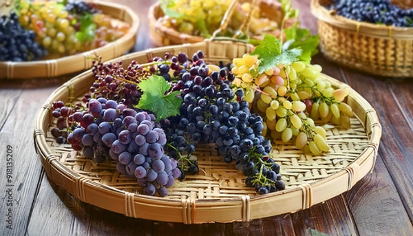 Fototapeta Close-up of a red grapes in a woven basket