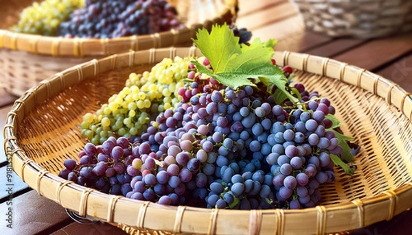 Fototapeta Close-up of a red grapes in a woven basket