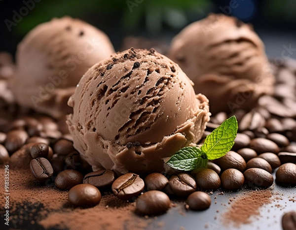 Fototapeta Close-up of a coffee ice cream with coffee beans.