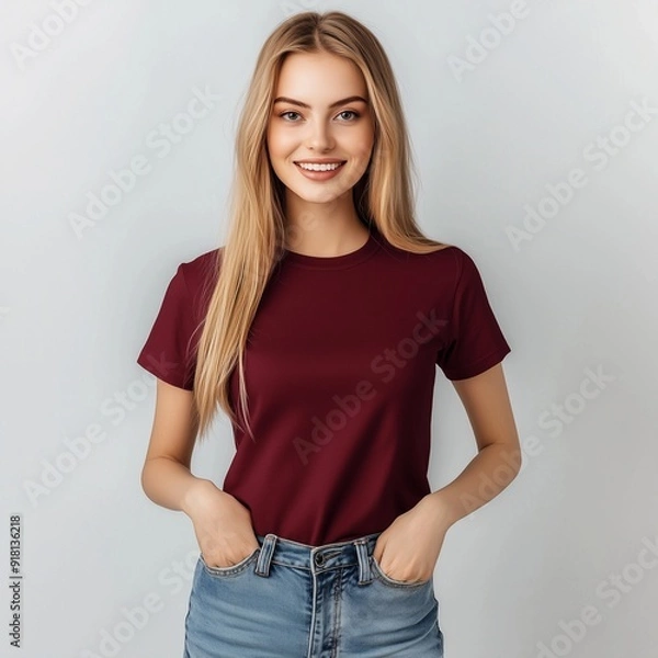 Fototapeta portrait of a woman with maroon color t-shirt on white color background 