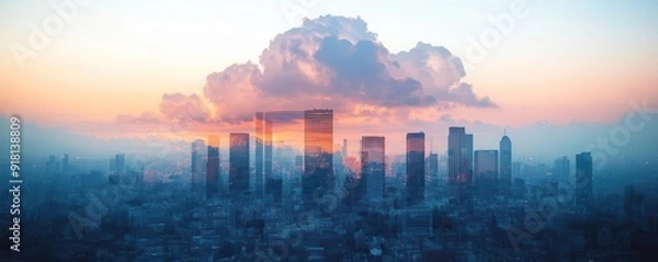 Fototapeta Cloud study in an urban setting close up, focus on, copy space dynamic city colors, Double exposure silhouette with cityscape