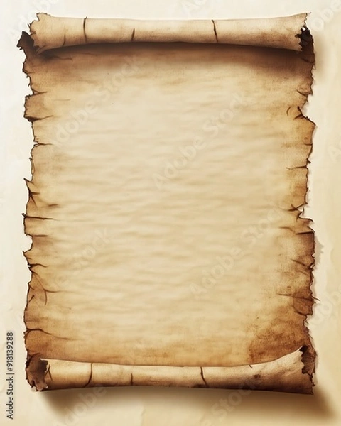 Fototapeta A blank page of aged parchment paper with ink, worn edges and subtle fantasy borders