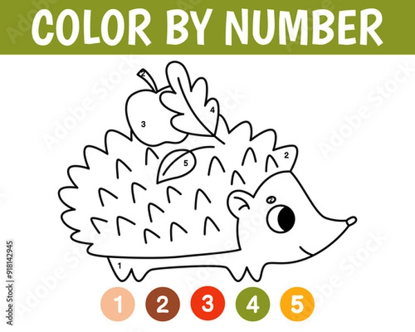 Fototapeta Color by number game for kids. Cute hedgehog. Animal coloring book. Printable worksheet with solution for school and preschool. Learning numbers activity. Vector cartoon illustration.